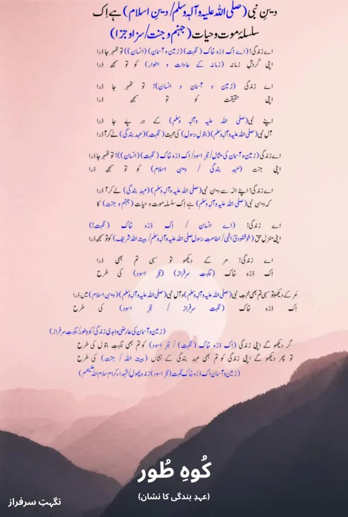 Back cover: a poem in Urdu over dusk mountains, titled Koh-e-Toor
